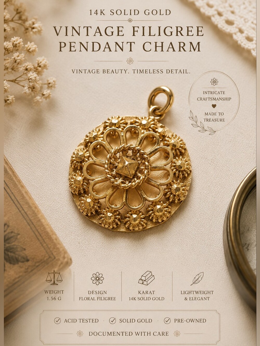 🌼 14K Solid Gold Vintage Filigree Pendant Charm • 1.56 g